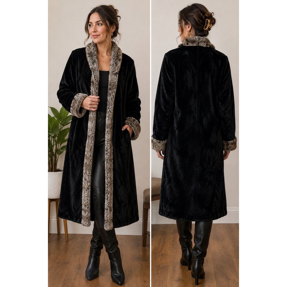 Vintage Alpine Studio Faux Fur Coat Women's M Black Brown Trim USA Made